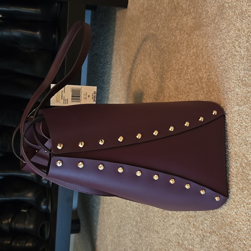 NWT Michael Kors Manhattan Studded Tote/Bordeaux Color - Picture 4 of 11